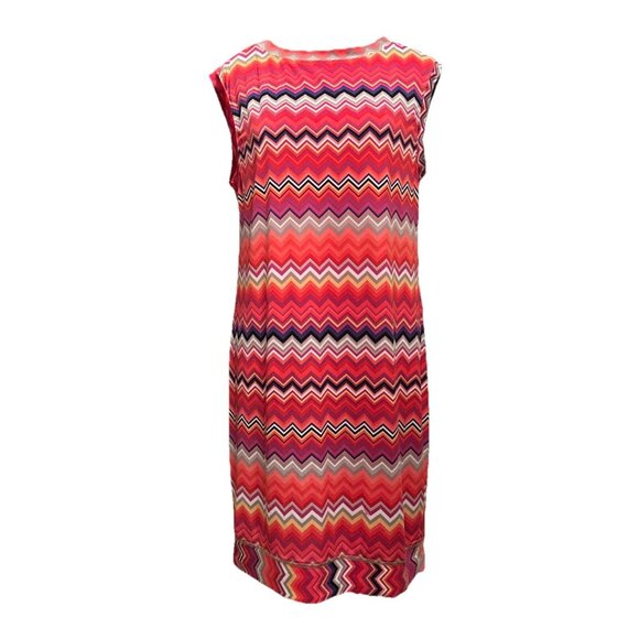 Trina Turk Multi Zinnia Zig Zag Printed Sheath Dress Colorful Capsleeve Retro M - Picture 12 of 12